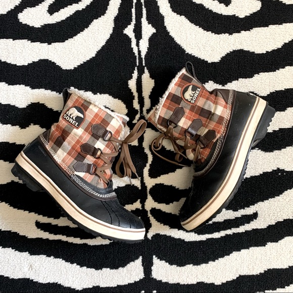 Sorel Tivoli Orange Plaid Ankle Shearling Boots Size 9 - Picture 6 of 8